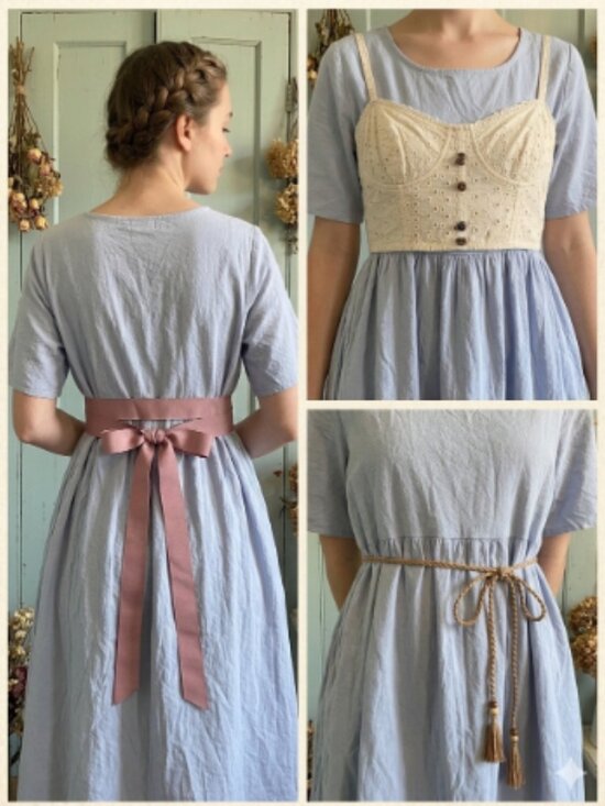 Dresses & Skirts - Cottagecore Light Blue Linen-Look Babydoll Midi Dress with Pockets - Size L